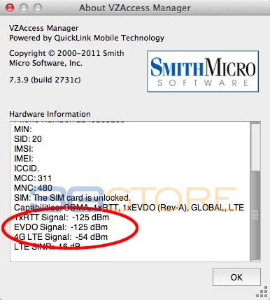 Select "About VZAccess Manager" from the "VZAcess Manager" menu; you will need to scroll down in the "hardware information" section to view RSSI